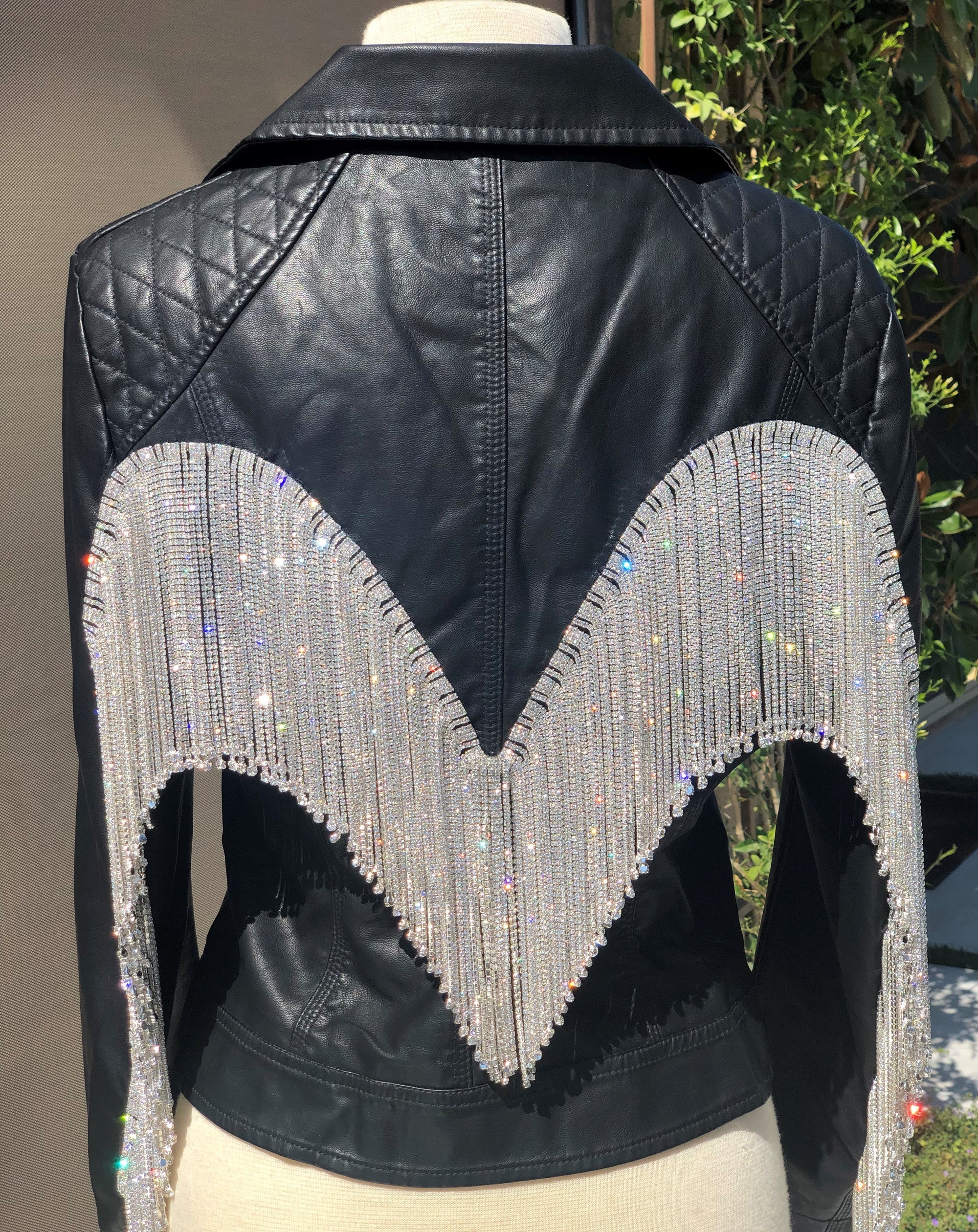 Black Faux Leather Rhinestone Fringe Jacket