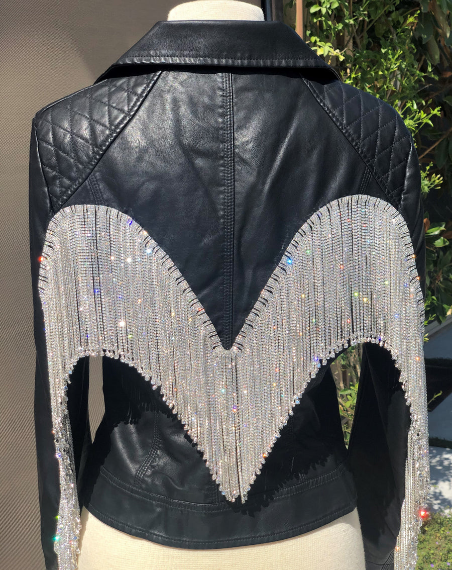Black Faux Leather Rhinestone Fringe Jacket