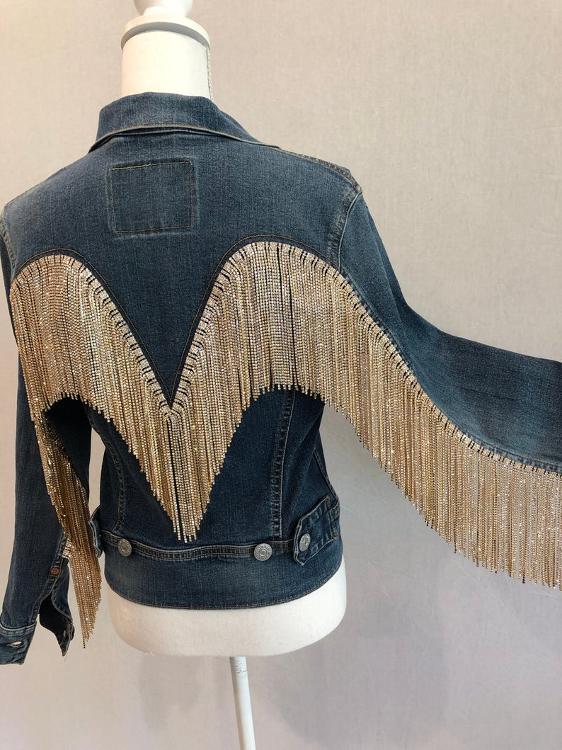 Fringe Rhinestone Vintage Levi Jacket (Gold Rhinestone)