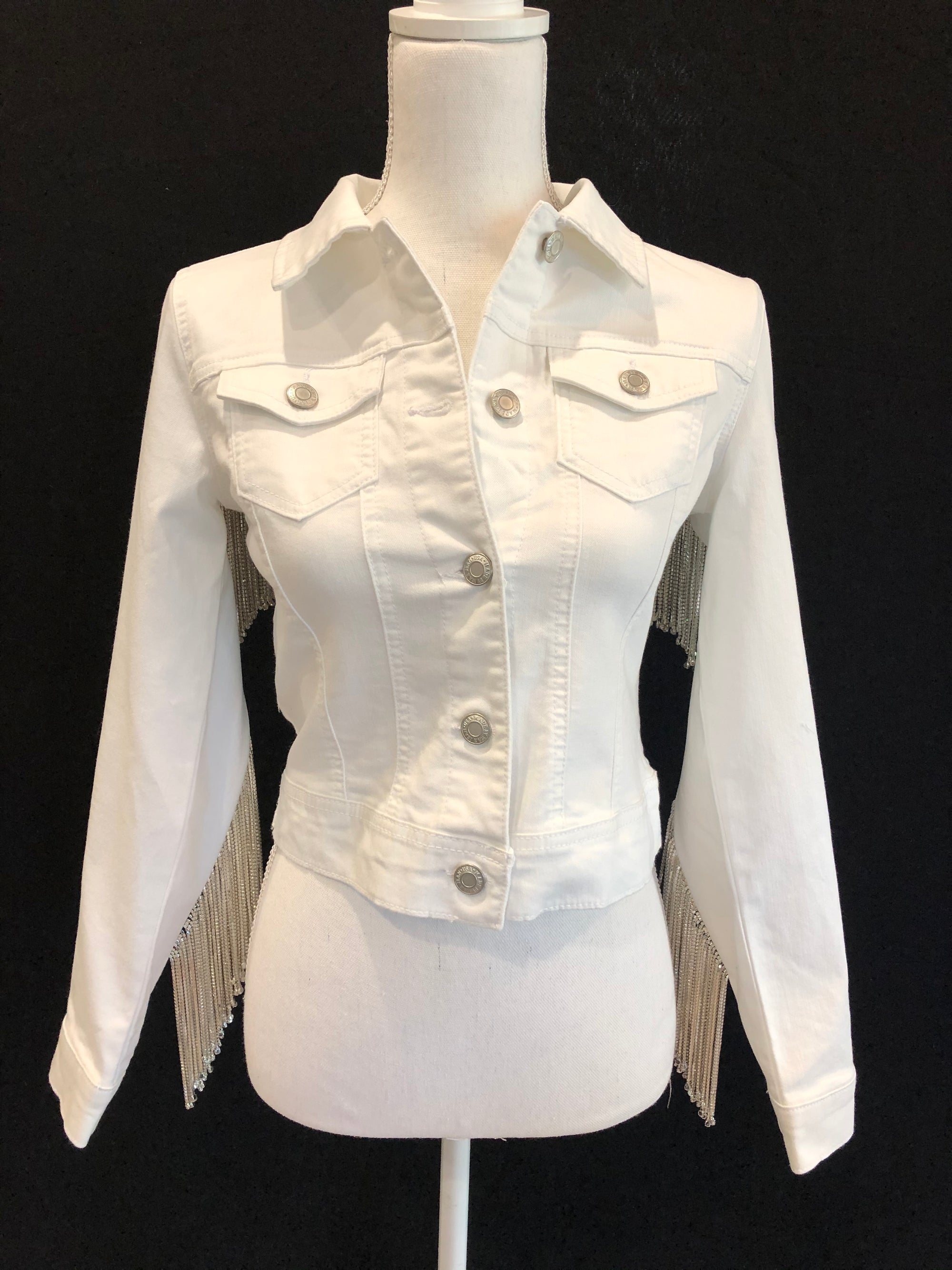 Rhinestone Fringe White Denim Jacket