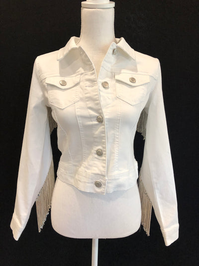 Rhinestone Fringe White Denim Jacket